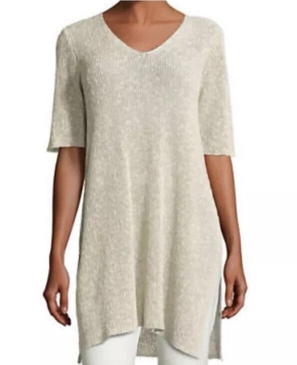 Eileen Fisher Pebble V-Neck Tunic Organic Linen Melange Fishing Net Beige Medium